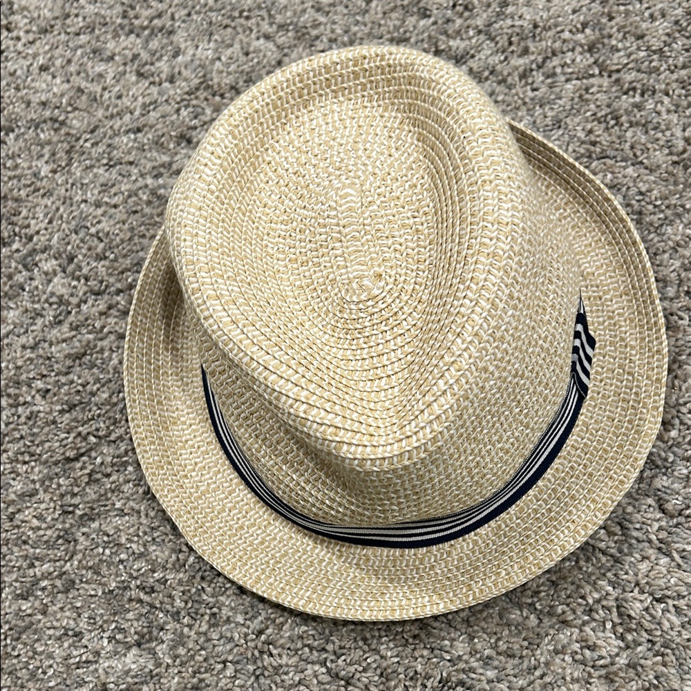 2T-4T Little Me Tan Straw Hat with Navy Blue and White Striped Band
